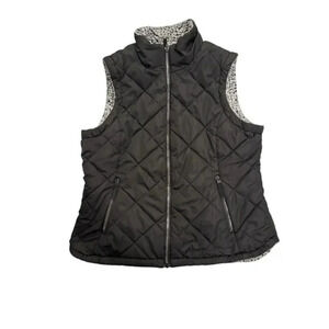 Free Country Vest women's large black‎ quilted Faux Fur Reversible Pockets